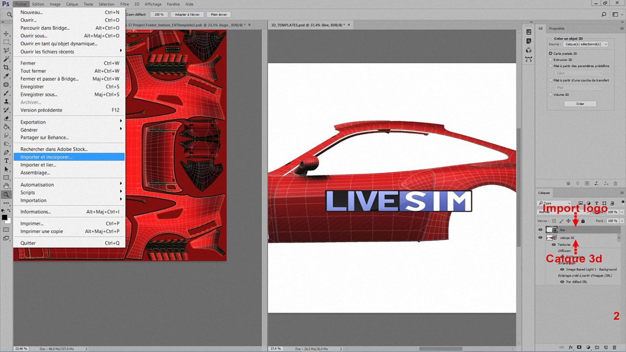 Clic sur la fenêtre  3D puis sur < Fichier > et < Importer et incorporer >. Vous remarquerez que lorsqu’on importe une image, un calque se crée automatiquement à son nom. Dans notre cas, le calque se nomme « Live ».